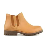 Bota marrón de cuero con elástico lateral, suela de goma y detalle de costuras en la base.