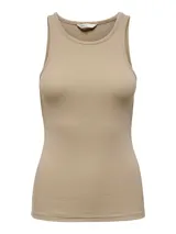 Musculosa color beige de tejido acanalado, con cuello redondo y corte ajustado.