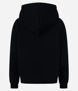 Saco negro de algodón con felpa, con capucha ajustable mediante cordón, mangas largas, cierre delantero de cremallera y bolsillos funcionales.