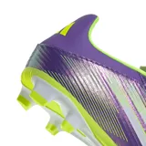 Championes de fútbol Adidas F50 Club FG/MG, color violeta con detalles en verde y blanco.
