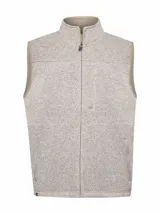 Chaleco de polar color beige jaspeado, con cuello alto y cierre frontal. Cuenta con tres bolsillos frontales con cierre.