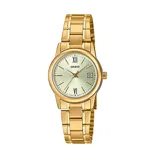 Reloj Casio analógico para mujer, modelo LTPV002G-9B3UDF, con caja y brazalete de acero inoxidable color dorado, esfera dorada con números romanos y calendario.
