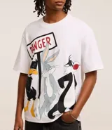 Remera blanca de algodón con estampado de Bugs Bunny, Pato Lucas y Silvestre.