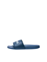 Sandalia azul marino de goma, con la inscripción "JONES" en blanco en la tira superior y el logo de Jack & Jones en la plantilla.