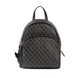 Mochila negra de símil cuero graneado con diseño estampado con el logo de la marca. Tiene acceso con cierre, un bolsillo externo con cierre, un bolsillo interno con cierre y dos bolsillos internos abiertos. Las correas son regulables y los herrajes son plateados.