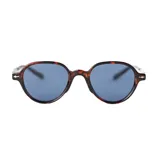 Lentes de sol con montura redonda color gris y detalles dorados en las patillas.