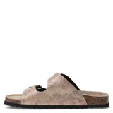 Sandalias blancas con dos tiras ajustables con hebilla metálica, plantilla de corcho y suela blanca.