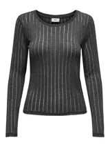 Top gris oscuro de tejido de punto acanalado con rayas verticales, cuello redondo y mangas largas.