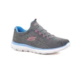 Championes Skechers Summits Fun Flair, color gris con detalles en celeste y rosa. Capellada de malla jaspeada, cordones elásticos, plantilla Memory Foam y suela flexible.