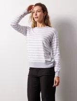 Buzo de modal estampado a rayas horizontales rosas y blancas, con cuello redondo y puños acanalados.