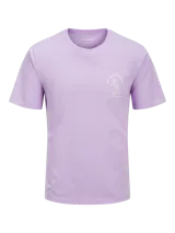 Camiseta lila de manga corta y cuello redondo, con estampado frontal de un elefante sobre una hamburguesa y el texto "Big Tasty Burgers".