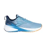 Championes de running 361° color celeste con detalles en azul y naranja. Cuentan con tecnología ENRG-X en la entresuela y tejido de malla transpirable.