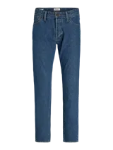 Pantalón de jean azul de corte recto, con tiro alto y cinco bolsillos. Cierre con botón y tejido de sarga stonewash.