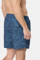 Short de baño celeste con estampado de hojas, cintura elástica con cordón ajustable, dos bolsillos laterales y suspensor de malla fina.