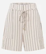 Short de cintura alta color crema con rayas verticales finas en azul marino, con bolsillos laterales y cintura elástica ajustable con lazo.