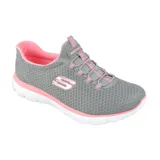 Championes Skechers Summits para mujer, color gris con detalles en rosa. Capellada de malla knit, cordones elásticos y plantilla Memory Foam.