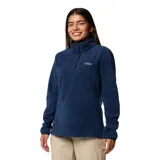 Buzo polar Columbia para mujer, color azul marino, con cuello alto abotonado y logo bordado en el pecho.