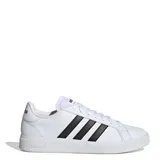 Championes Adidas Grand Court Base 2.0, color blanco con detalles en negro, con las tres tiras clásicas de la marca en los laterales.
