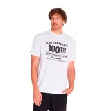 Remera blanca de algodón y poliéster con estampado frontal del logo de Caterpillar y la leyenda '100th Year'.