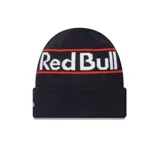Gorro de lana negro con el logo de Red Bull Racing bordado en el frente y la palabra "Red Bull" tejida en blanco con contorno rojo.