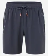 Bermuda deportiva negra sin estampado, con cintura elástica ajustable con cordón, y bolsillo lateral con cierre de cremallera contrastante.