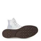 Championes de caña alta Converse Chuck Taylor All Star Lift, color plateado brillante, con plataforma blanca y cordones blancos.