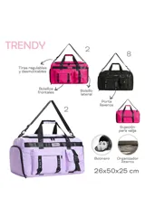 Bolso deportivo tipo duffel bag color negro, con múltiples bolsillos frontales con cierres y hebillas. Presenta detalles de tiras con texto en blanco que dicen "TRENDY" y "TRDY". Incluye asas de mano y correa ajustable para llevar al hombro.