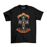 Remera negra de algodón con estampa del logo de la banda Guns N' Roses con calaveras y la frase "Appetite for Destruction".