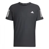 Remera deportiva Adidas Own The Run para hombre, color negro con logo blanco en el pecho y tres tiras blancas en las mangas. Cuello redondo con inscripción "Running".