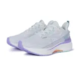 Championes de running blancos con detalles en celeste y lila.