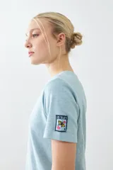 Remera de manga corta color gris claro con logo pequeño en la manga.