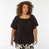 Blusa negra de punto gofrado con cuello bardot y mangas cortas amplias.