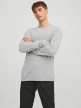 Sweater de punto gris claro jaspeado, de manga larga y cuello redondo.