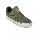 Championes de skate Emerica Tilt G6 Vulc X OJ, color verde oliva con detalles en naranja y negro.