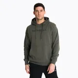 Buzo con capucha color verde militar, marca Merrell, con logo estampado en el pecho y bolsillo tipo canguro.