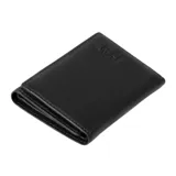 Billetera plegable de cuero negro Caterpillar con clip para billetes, tres ranuras para tarjetas y compartimento de malla. Cuenta con protección RFID.