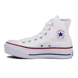 Championes Converse Chuck Taylor All Star Platform Hi, color blanco con plataforma y detalles de líneas rojas y azules en la suela.