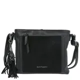 Cartera bandolera negra de ecocuero con bolsillo frontal con cierre, bolsillo interno con cierre, correa ajustable y llavero colgante.