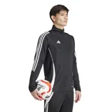 Buzo deportivo Adidas Tiro 24 para hombre, color negro con detalles en blanco, cierre frontal hasta el pecho y las tres tiras características de la marca en las mangas.
