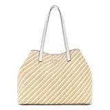 Bolso tote Guess modelo Vikky II, con diseño a rayas horizontales en tonos beige y blanco. Tiene doble asa de hombro blanca y logo triangular de la marca en el frente.