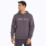 Buzo gris con capucha y cordones ajustables, con logo Merrell estampado en el pecho.