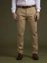 Pantalón de vestir azul marino, de corte slim fit, con bolsillos laterales y traseros. Se ajusta a la cintura con cinturón de cuero marrón.