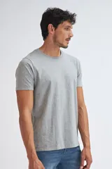 Remera gris claro de manga corta y cuello redondo.