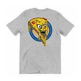 Remera gris con estampado de una porción de pizza con cara en la espalda.