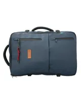 Mochila RKF unisex de poliéster reciclado repelente al agua, color gris. Cuenta con tres compartimentos independientes con cierre, compartimento para laptop de 15 pulgadas, triple bolsillo frontal con cierre, mango lateral, correas ajustables, almohadillas en la espalda, pasador para maleta y broches laterales.