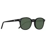 Lentes de sol redondos con montura de acetato negro y lentes verdes.