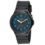 Reloj analógico Casio MW240-2BVDF con caja de resina negra, esfera negra con números azules y correa de resina negra. Resistente al agua hasta 50 metros.