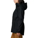 Campera impermeable Columbia Hikebound II Long para mujer, color negro, con capucha ajustable, cierre frontal con solapa, cintura ajustable con cordón, puños ajustables, bolsillo oculto en el pecho y bolsillos con cremallera para las manos. Ideal para senderismo.