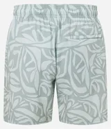 Bermuda de baño masculina en microfibra, color gris claro con estampado de hojas en tono más claro. Presenta cintura elástica con cordón ajustable negro y bolsillos laterales.