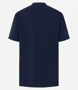 Remera azul marino de algodón con cuello redondo y mangas cortas. Presenta un aplique en forma de corazón con volados en el frente.